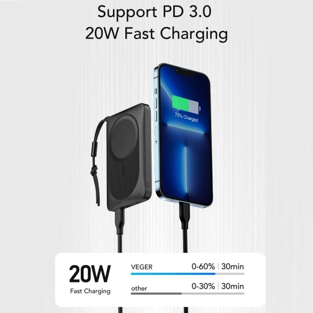 Powerbank Bateria zewnętrzna VEGER MagOn z ładowaniem Qi do MagSafe 15W - 10 000mAh PD 22,5W biały (VP1151 / W1151)