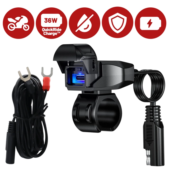 Ładowarka Motocyklowa Kewig USB-C 36W, Szybkie Ładowanie QC, Wodoodporna IP65 z Wyłącznikiem i Podświetleniem LED, Montaż na Kierownicy, do Telefonu, Kamerki, Interkomu – Czarna