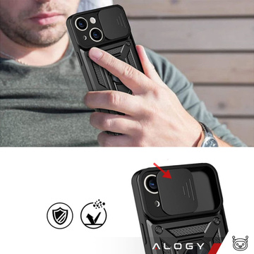 Gepanzerte Hülle für iPhone 15 Camshield Case Ring Alogy Stand mit verschiebbarer Kameraabdeckung, schwarz