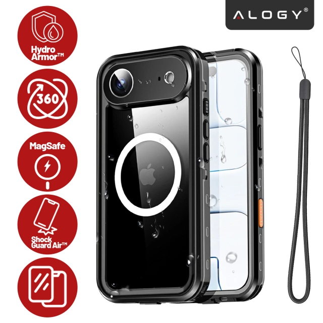 Etui Wodoodporne do Apple iPhone 17 Air 6,6", Pancerna Obudowa 360° z Przezroczystym Tyłem, Kompatybilna z MagSafe, Alogy HydroArmor™ IP68 Case – Czarne