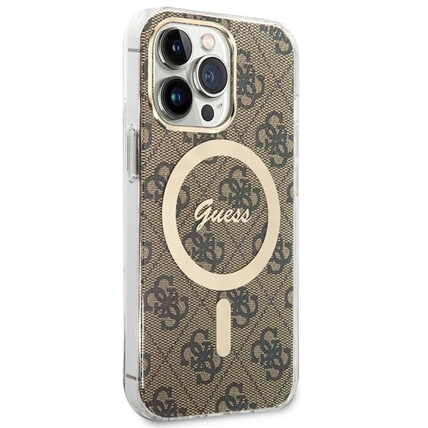 Zestaw Guess GUBPP13LH4EACSW Case+ Charger iPhone 13 Pro brązowy/brown hard case 4G MagSafe Print