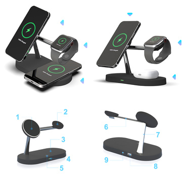 Qi Mag Safe 15W induktives Ladegerät für iPhone Apple Watch AirPods kabellose 5-in-1-Dockingstation Schwarz