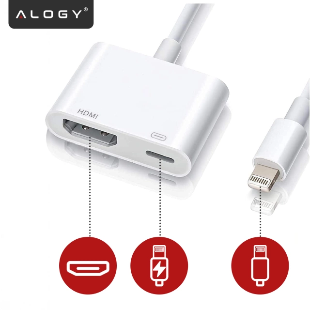 Przejściówka Lightning do HDMI i Lightning – adapter Full HD 60 Hz, łatwe podłączenie iPhone / iPad do TV lub projektora, Plug & Play – Alogy LightningHD™ Biały