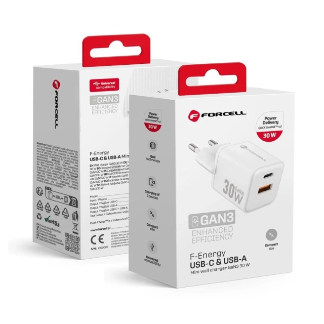 Forcell Mini GaN III 30W PD QC4.0 USB-C USB-A Wandladegerät