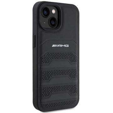 iPhone 15 Plus Hülle Mercedes AMG Leder Geprägte Linien Schwarz