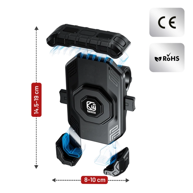 Uchwyt Motocyklowy na Telefon Kewig do Kierownicy i Lusterka, Antywstrząsowy z Systemem Antywibracyjnym, Rotacja 360°, Kompatybilny z Telefonami 5.4–7" – Czarny