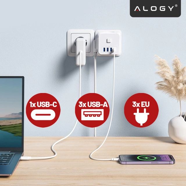 Rozgałęźnik sieciowy rozdzielacz Ładowarka adapter złodziejka 3 gniazdka EU 3x USB + USB-C C 7w1 Alogy Biały