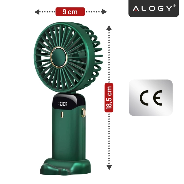 Wentylator Wiatrak Ręczny Bezprzewodowy, Przenośny i Biurkowy, z Uchwytem na Telefon, Ładowanie USB-C, Bateria 18650, Alogy CoolBreeze™ – Zielony