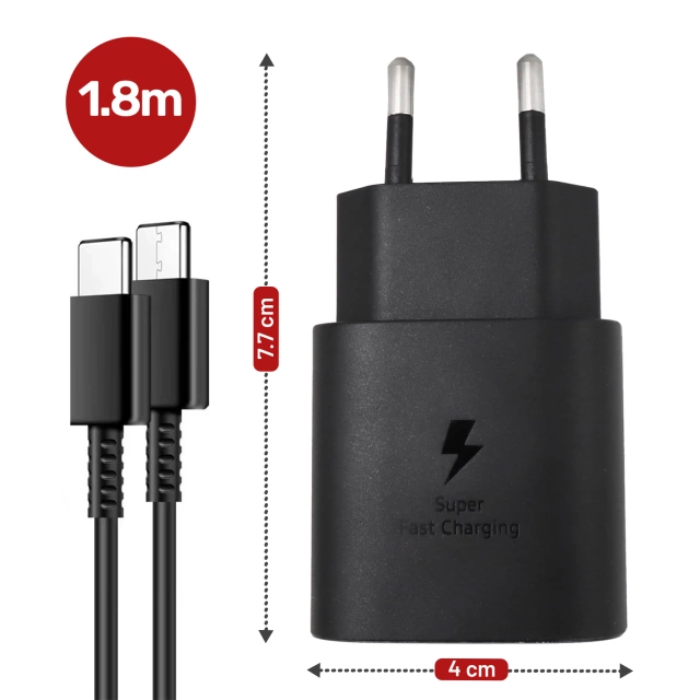 Ładowarka Sieciowa Oryginalna Samsung USB-C 25W + Kabel USB-C 1.8 m, Super Fast Charge, Szybkie Ładowanie, Zestaw Premium – Czarna