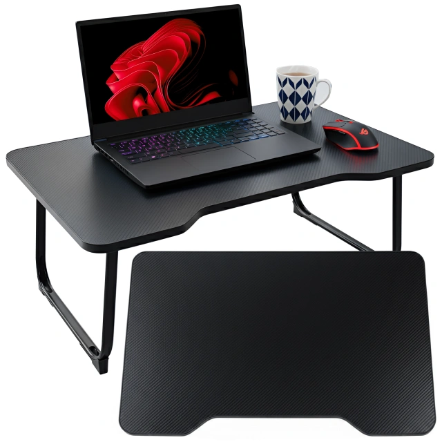 Stolik składany gamingowy 60×40 cm – biurko na laptopa z powierzchnią Carbon, lekki i przenośny, stabilna konstrukcja do domu i grania – Alogy CarbonDesk™ Czarny