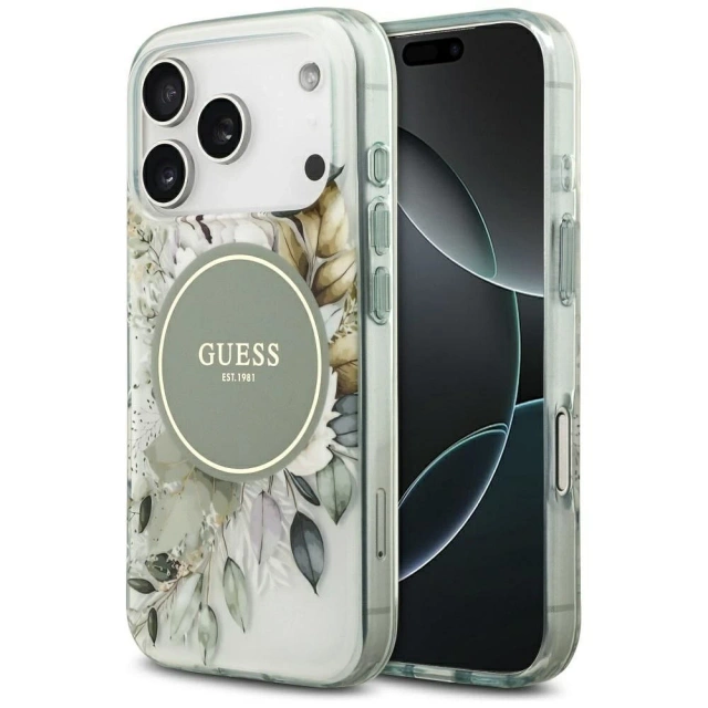 Etui Guess IML Flower & Tonal Circle MagSafe na iPhone 17 Pro Max - Zielone