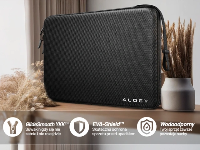 Torba na laptopa 13–14" do MacBook Air / Pro (M1 M2 M3 M4) – twarde etui ochronne Hard Foam, sztywna konstrukcja, ochrona przed uderzeniami i wilgocią – Alogy ShieldCase™ Czarna