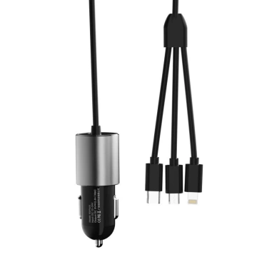 Dudao 3in1 USB Autoladegerät 3,4 A eingebautes Lightning / USB Type C / Micro USB Kabel schwarz (R5ProN schwarz)