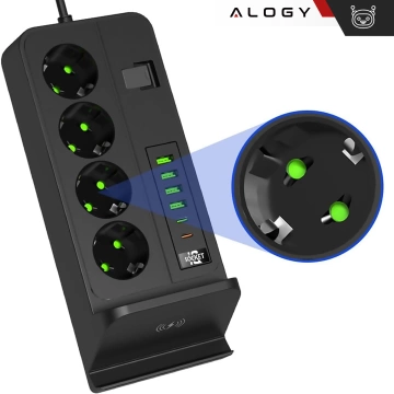 Alogy Plug Extender Steckdosenverteiler Splitteradapter Verlängerungskabel mit Qi-Induktionsladegerät 4x EU-Stecker 4x USB 2x USB-C Schwarz