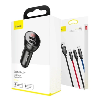Baseus Autoladegerät 2x USB 4.8A 24W mit LCD Kabel 3in1 USB - USB Type C / Micro USB / Lightning 1.2m schwarz (TZCCBX-0G)