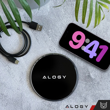 QI kabelloses induktives Ladegerät 15 W schnelle LED Alogy rund für iPhone USB-C-Kabel Schwarz