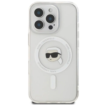 Karl Lagerfeld Hülle für iPhone 16 Pro Max 6,9" Weißes MagSafe Hardcase IML Metall Karl Head