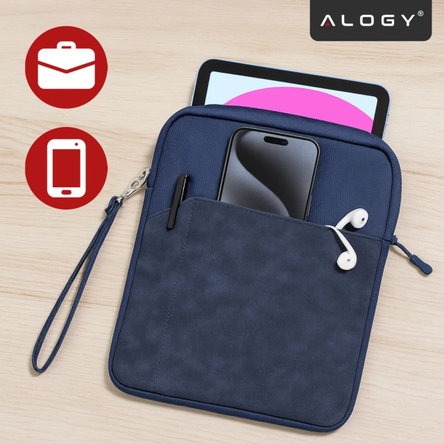 Torba Wsuwka Uniwersalna na tablet 9.7–10.8" z Smyczką i Kieszonką, Ochronna, Wodoodporna, Miękkie Wnętrze Alogy SleeveBag™ – Etui do iPad, Samsung, Lenovo, Xiaomi, Granatowy