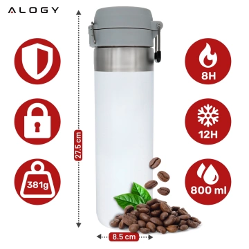 Kubek termiczny Termos Alogy ThermoGo™ 800ml Stalowy Szczelny Pakowny Podróżny do Kawy i Herbaty Sportowy Długo Trzymający Ciepło do Auta i Plecaka Biały