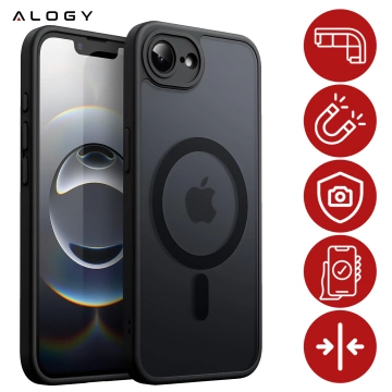 Etui do Apple iPhone 16e obudowa ochronna na telefon Alogy Matte HybridMag™️ Case do MagSafe Matowe Antypoślizgowe Wzmocnione Narożniki Czarne + Szkło Hartowane