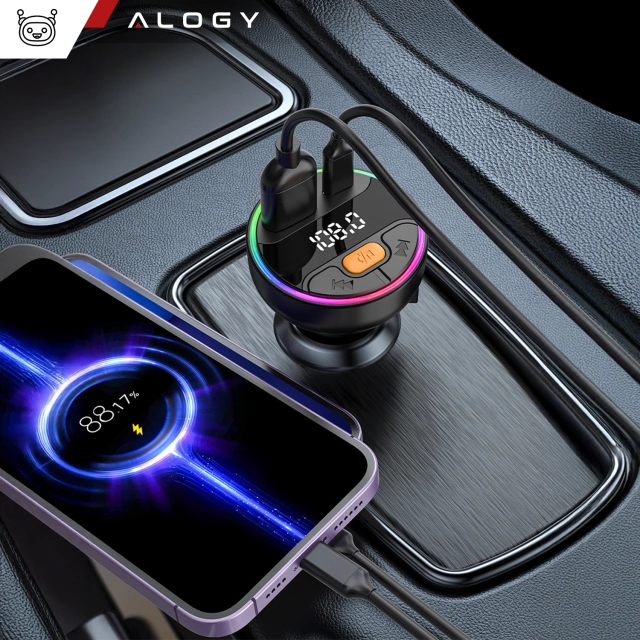 Transmiter samochodowy z Ładowarką Alogy PowerTune USB-A USB-C szybkie ładowanie PowerDelivery PD30W Quick Charge QC3.0 Czarny