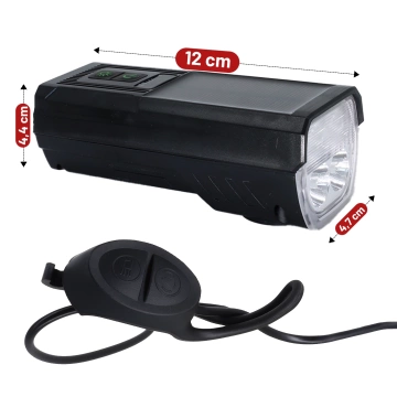 LED-Fahrradfrontlicht mit Solarpanel und Hupe, superhell (1000 lm, 4400 mAh), wasserdicht, schwarz