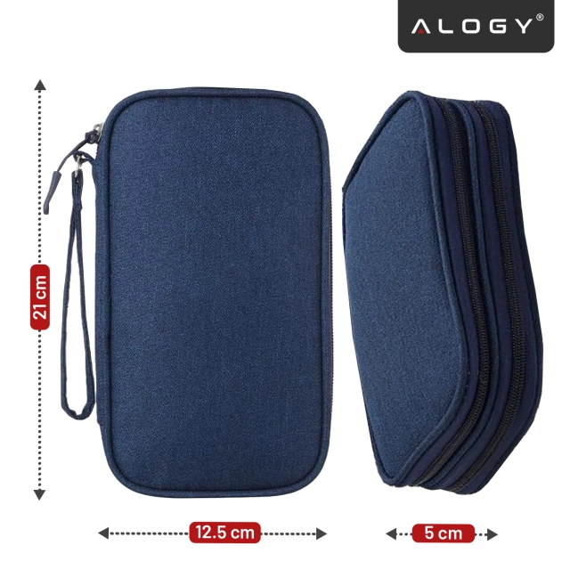 Etui Podróżne na Akcesoria, Organizer na Kable, Ładowarki, Telefon i Powerbank, Wielofunkcyjne i Kompaktowe 21 x 12,5 x 5 cm, Alogy TravelPack™ – Granatowe