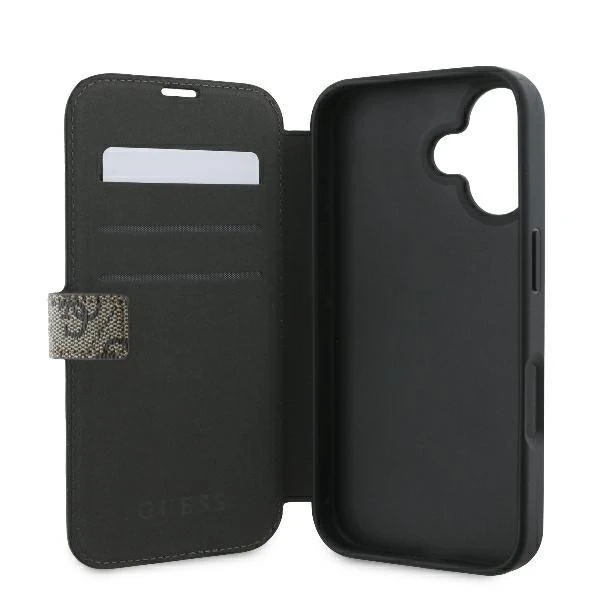 Guess 4G Metal Logo Book Case do iPhone 16 6,1″ – brązowe, z funkcją podstawki