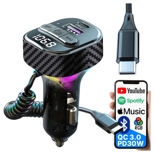 Transmiter FM Bluetooth 5.3 z Ładowarką Samochodową PD 30W QC3.0, Kabel Sprężynowy USB-C, Obsługa Pendrive, Podświetlenie LED 7 Barw – Alogy CarTune™ Czarny