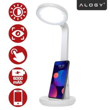 Lampka biurkowa nocna LED – akumulator 6000 mAh, regulacja światła i trybów, miejsce na telefon, stabilna, idealna do nauki i pracy – Alogy MultiStand™ Biała