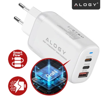 Alogy GaNCharge Kompaktes 3-in-1-Wandladegerät, schnelles Laden, GaN3, 65 W, USB-A, 30 W, 2 x USB-C, 65 W, Weiß