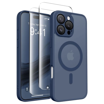 3-in-1 Hybrid-Glashüllen-Set für Apple iPhone 16 Pro: Schutzhülle mit Hybrid-MagSafe-Funktion und Linsenschutz, 2x Displayschutzfolie aus gehärtetem Glas, Alogy 3-in-1 Hüllen-Set, Marineblau