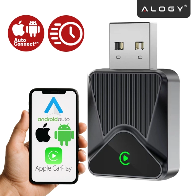 Adapter Bezprzewodowy Apple CarPlay i Android Auto do Auta, Plug & Play z Portem USB-A + Przejściówka USB-C, Szybkie Połączenie i Stabilna Transmisja, Alogy DriveLink™