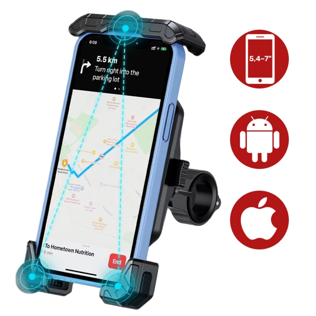 Uchwyt Motocyklowy na Telefon Kewig do Kierownicy i Lusterka, Antywstrząsowy z Systemem Antywibracyjnym, Rotacja 360°, Kompatybilny z Telefonami 5.4–7" – Czarny