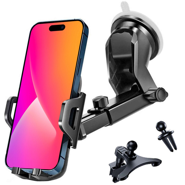 Uchwyt samochodowy do telefonu do auta 3w1 Alogy na szybę do kratki na deskę rozdzielczą kokpit Czarny + Kabel