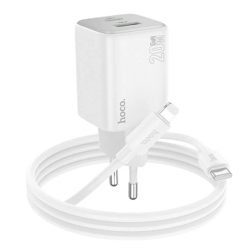 Ładowarka Hoco N41 GaN 20W USB-C + USB-A + Kabel USB-C Lightning Biała