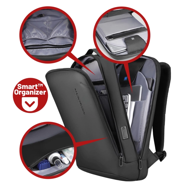 Plecak na Laptopa 15.6" Mark Ryden, Wodoodporny, Lekki i Smukły, Podróżny z Wyjściem USB, Kieszenią na Karty i Zamkiem YKK, Materiał EVA, 14L (42×30×12 cm) – Czarny