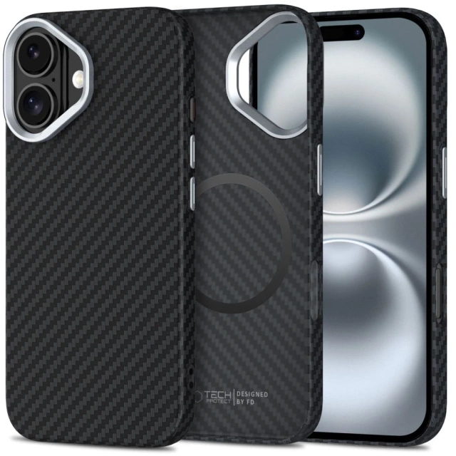 MagSafe Tech-Protect Ion Carbon iPhone 16 Hülle Schwarz/Silber