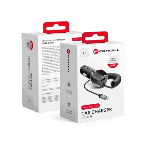 Ładowarka samochodowa Forcell Carbon 38W USB-C + USB QC 3.0 PD Kabel 1,5m