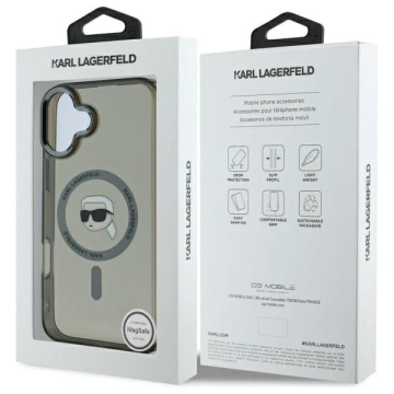 Karl Lagerfeld Hülle für iPhone 16 6,1" Schwarzes MagSafe Hardcase IML Metal Karl Head
