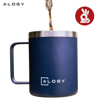 Thermobecher 420 ml mit Griffdeckel für Kaffee, Tee, kalte und warme Getränke aus Stahl, Alogy, Marineblau