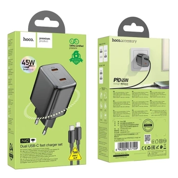 Ładowarka sieciowa HOCO 2 x Typ C + kabel Typ C do Lightning PD QC 45W GaN Czarna