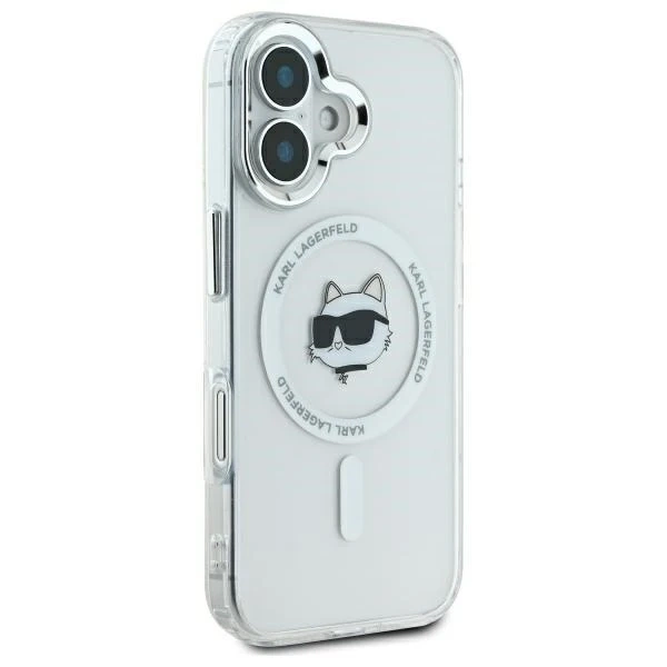 Karl Lagerfeld Hülle für iPhone 16 Plus 6,7 Zoll, weißes MagSafe Hardcase IML-Metall-Choupette-Kopf