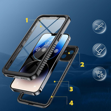 Hülle für iPhone 14, wasserdicht, gepanzert, 360-Grad-Hülle, Hybrid-Kameraobjektivschutz, IP68, wasserdicht, Schwarz