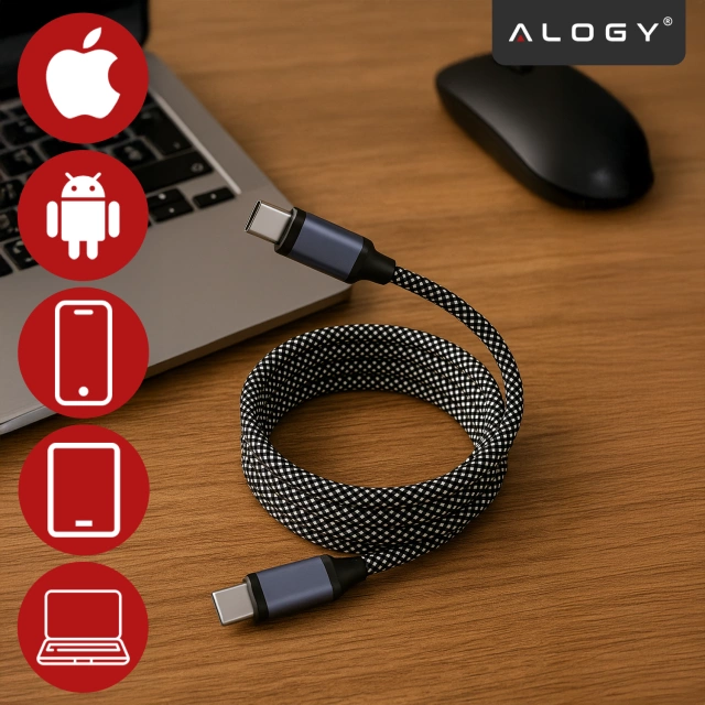 Kabel Zasilający USB-C do USB-C 65W 1m, Szybkie Ładowanie PD, Magnetyczny, Trwały i Elastyczny Przewód Kompatybilny z iPhone, MacBook i Android, Alogy MagiCharge™ – Czarny + Ładowarka Sieciowa 3w1 65W