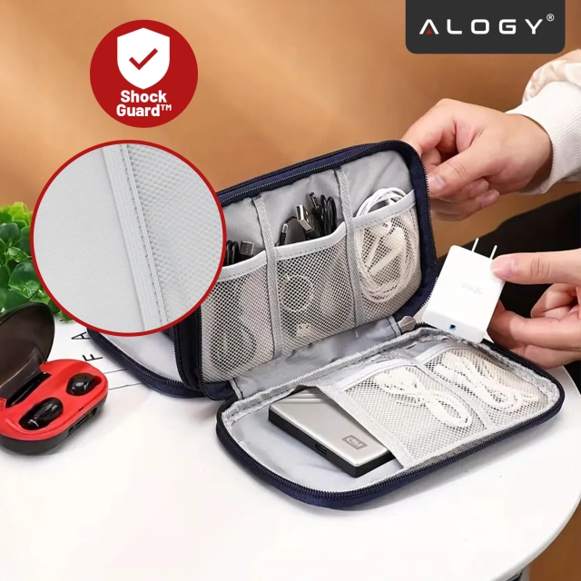 Etui Podróżne na Akcesoria, Organizer na Kable, Ładowarki, Telefon i Powerbank, Wielofunkcyjne i Kompaktowe 21 x 12,5 x 5 cm, Alogy TravelPack™ – Granatowe