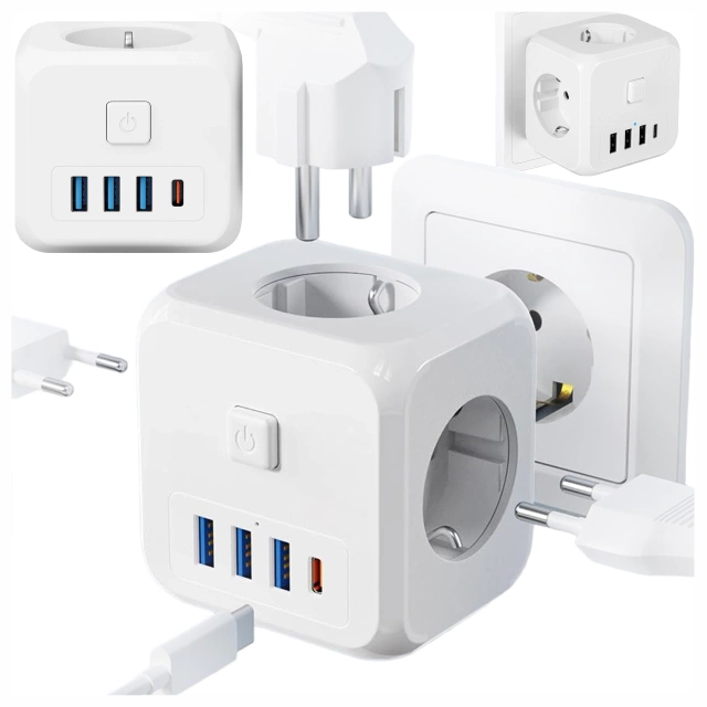 Rozgałęźnik sieciowy rozdzielacz Ładowarka adapter złodziejka 3 gniazdka EU 3x USB + USB-C C 7w1 Alogy Biały