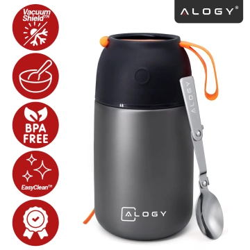Termos pojemnik obiadowy na jedzenie żywność zupę lód  dla dzieci 700ml Alogy ze stali nierdzewnej + składana łyżeczka termiczny szary