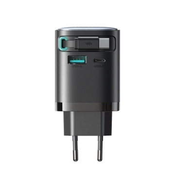 Joyroom JR-TCL02 65 W USB-A USB-C GaN-Ladegerät mit integriertem USB-C-Kabel – Schwarz
