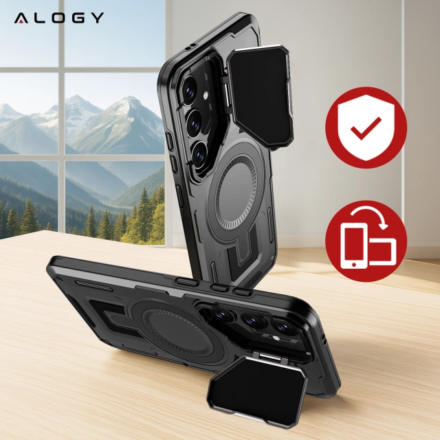 Etui do Samsung Galaxy S25 Case do MagSafe Wzmocniona Pancerna ochrona obiektywów z funkcją podstawki obudowa ochronna na telefon Alogy HeavyDuty Mag™️Czarne